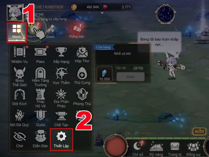 Ở giao diện chính của game thì bạn nhấn và Menu.