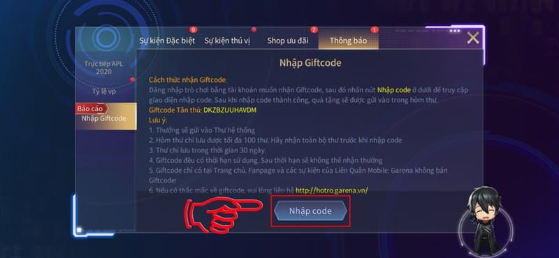 Tiếp tục chọn Nhập code