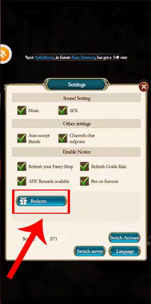Trong bảng Settings, nhấn vào tùy chọn Redeem.
