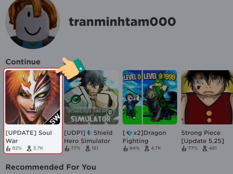 Chọn game Trong giao diện Roblox bạn hãy tìm và chọn mode chơi Soul War.