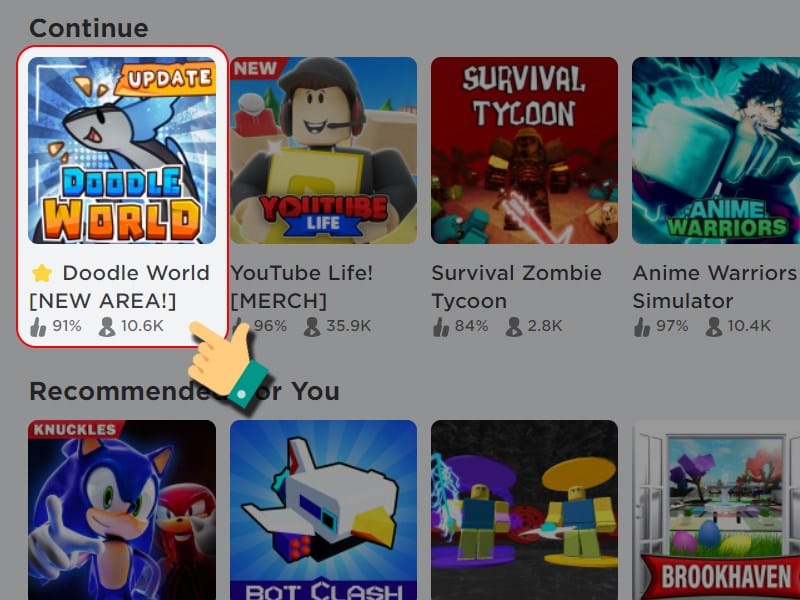 Mở game Doodle World Vào Roblox tìm và chọn mode chơi Doodle World.