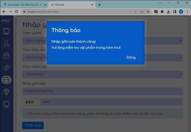 Xuất hiện thông báo đổi mã code thành công