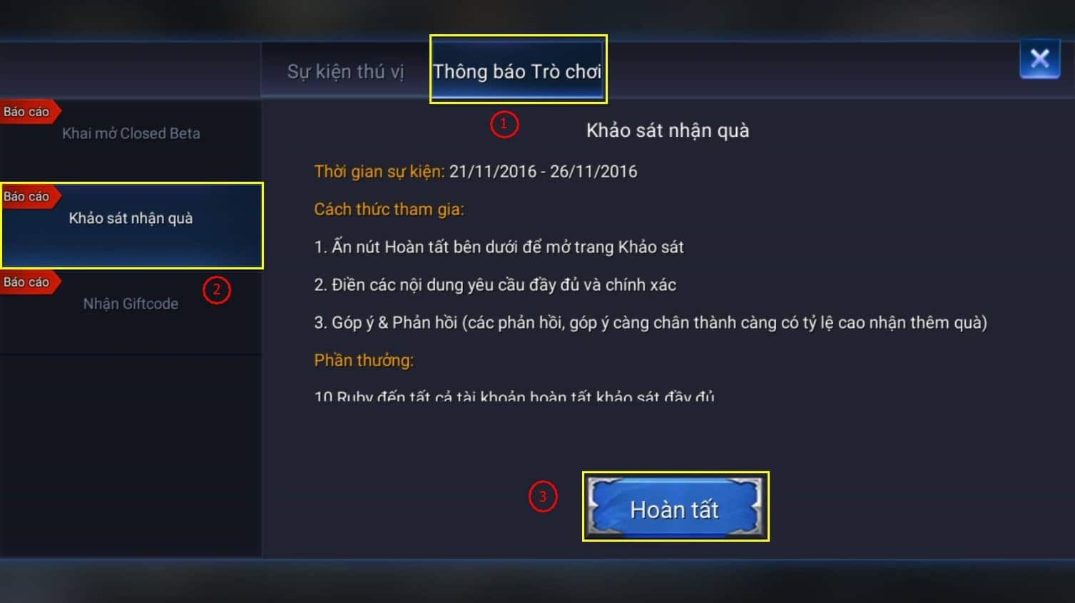 Chọn mục Khảo sát nhận quà và nhấn Hoàn tất