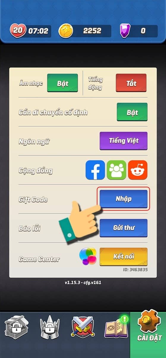 Nhấn vào Nhập tại mục Giftcode.