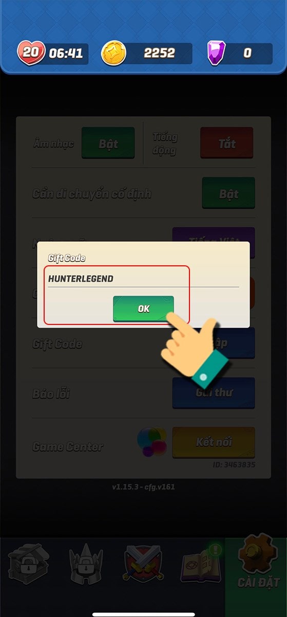 Nhập code bạn có và nhấn OK.