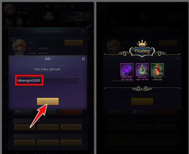 Nhập mã code vào ô trống sau đó nhấn xác nhận