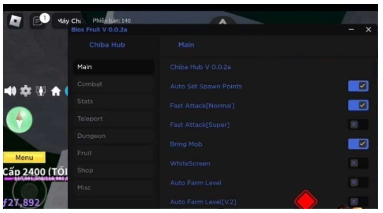 Tính năng hack game sẽ hiển thị trên màn hình.