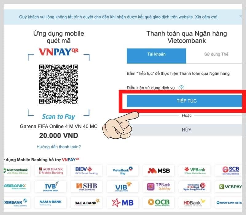 Bấm chọn tiếp tục để có thể thanh toán qua web iBanking