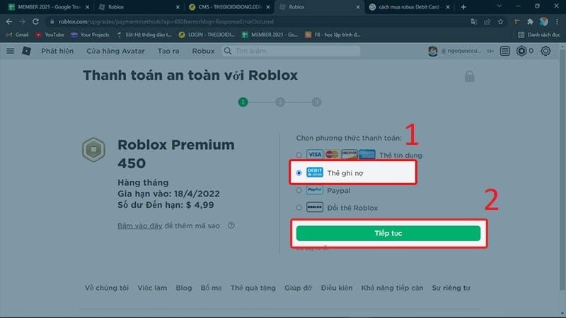 Cách nạp Robux 20K bằng thẻ ghi nợ