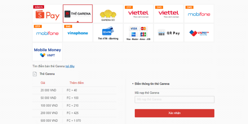 Chọn hình thức thanh toán thẻ Garena