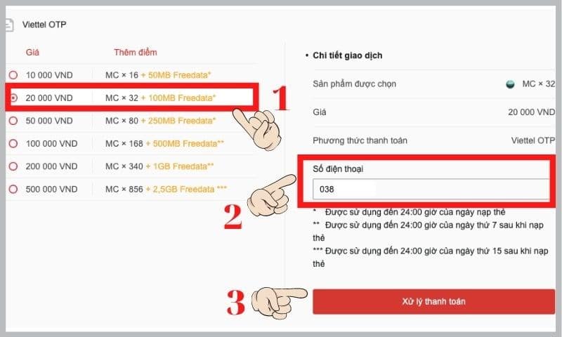 Chọn mệnh giá và nhập Số điện thoại đúng nhà mạng