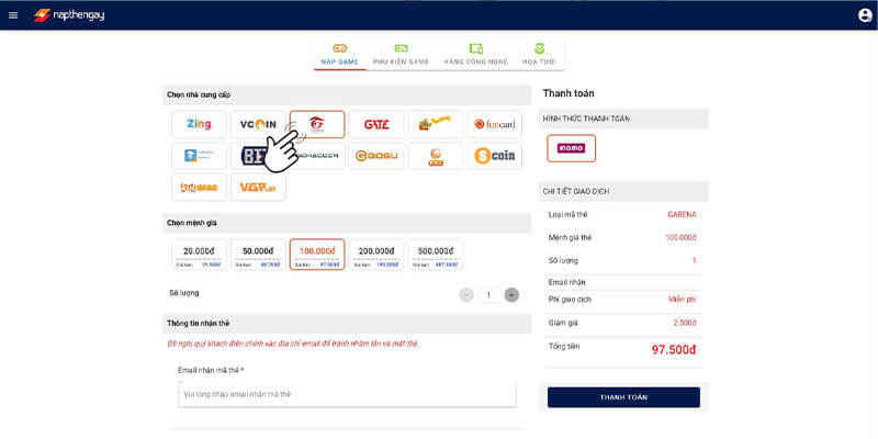 Chọn mua thẻ Garena.
