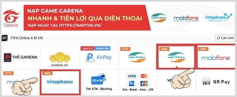 Chọn phương thức thanh toán SMS theo nhà mạng bạn đang sử dụng.