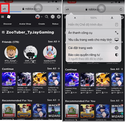 Chọn yêu cầu trang web cho máy tính