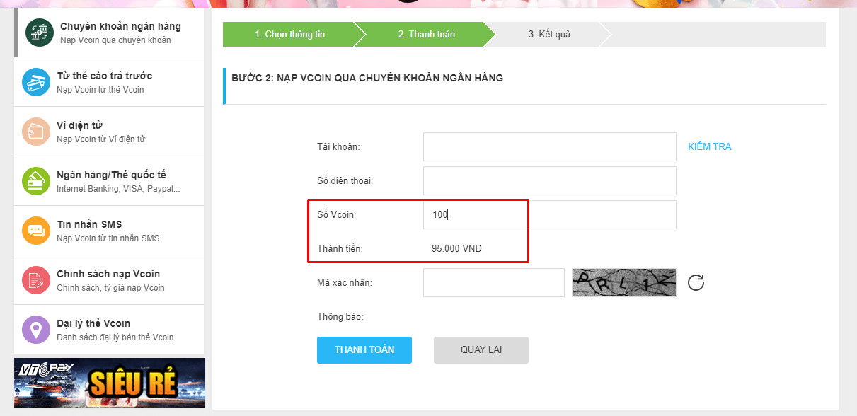 Nạp thẻ vcoin vào tài khoản game của bạn.