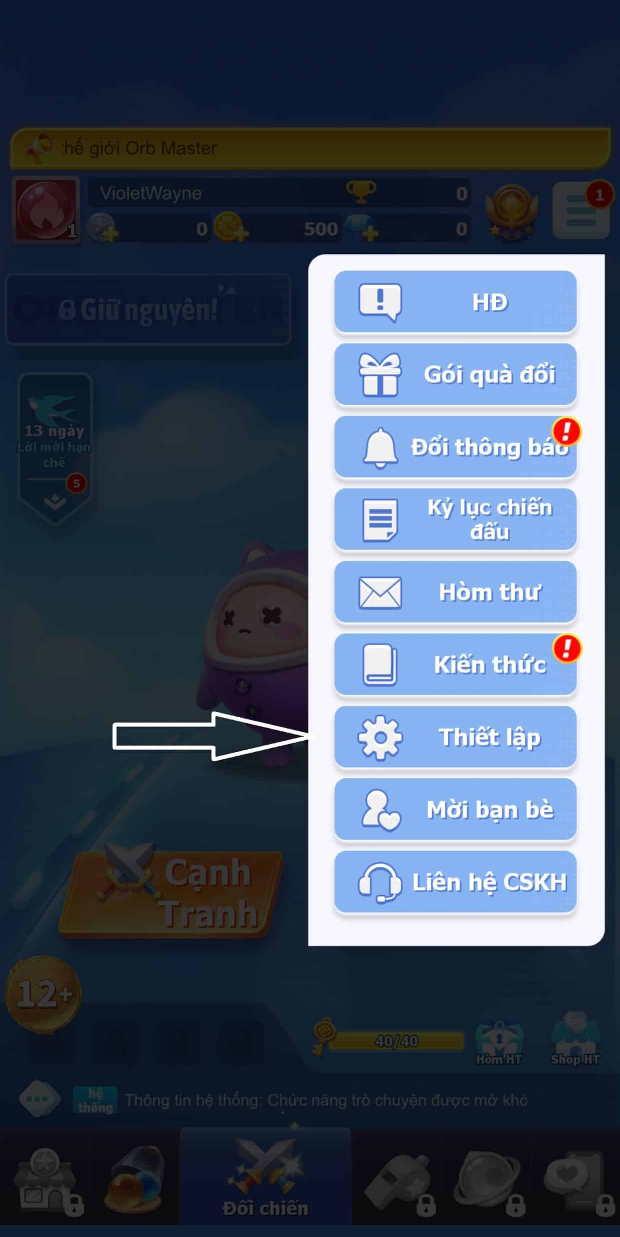 Nhấn chọn thiết lập