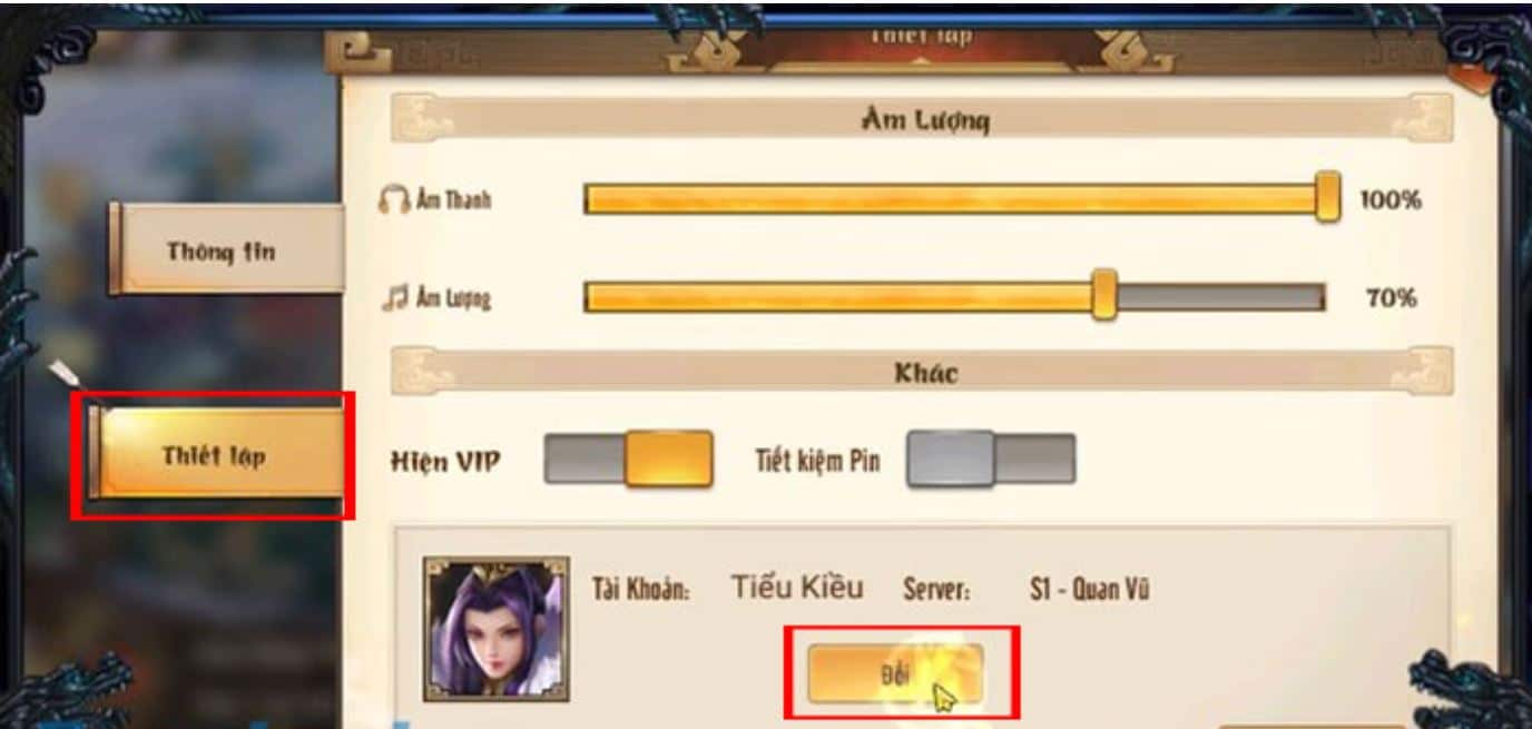 Nhấn vào tab Thiết lập và chọn Đổi.