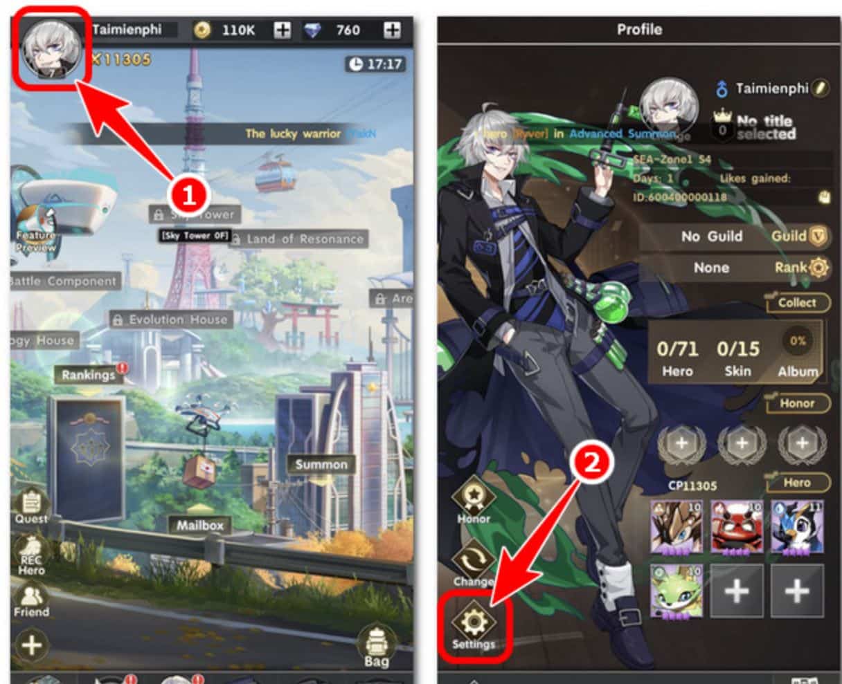 Tại giao diện chính click avatar nhân vật và chọn Settings.