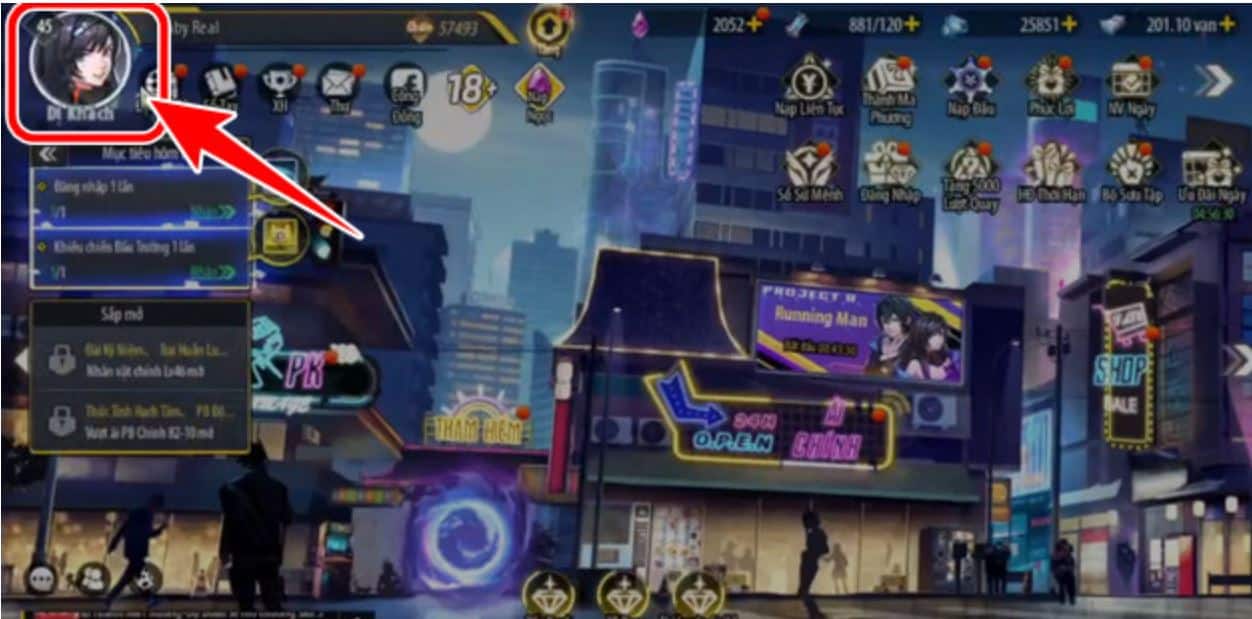 Tại màn hình chính trong game, click biểu tượng Avatar nhân vật.