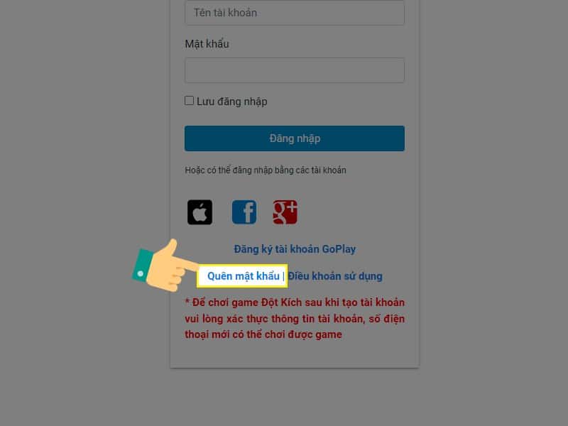 Truy cập vào Goplay sau đó chọn quên mật khẩu.