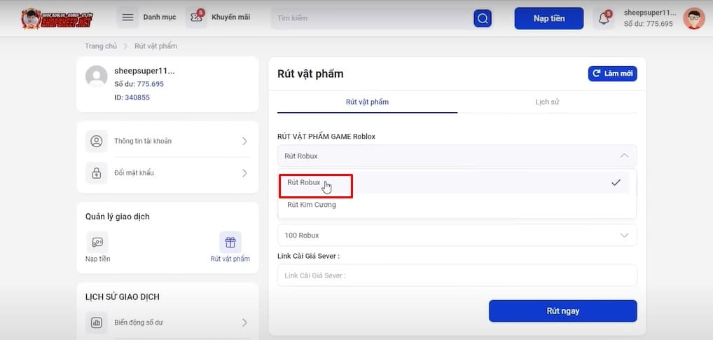 Chọn Rút Robux và gói muốn rút