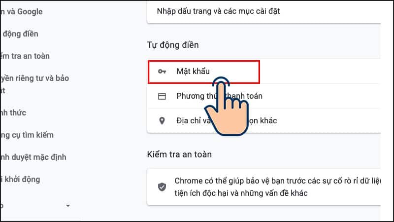 Chọn mật khẩu. Chọn vào mật khẩu.