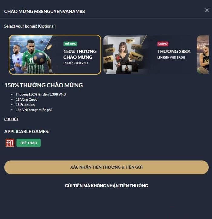 Chọn xác nhận tiền thưởng