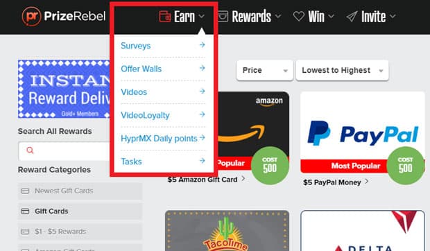 Có nhiều cách để kiếm tiền trên PrizeRebel