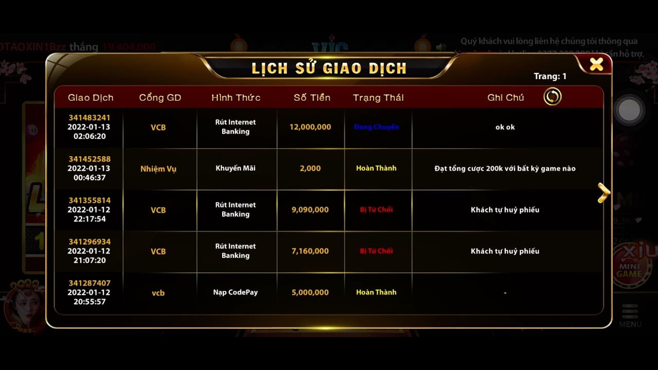 Hình giao dịch rút tiền tài xỉu tại cổng game Go88