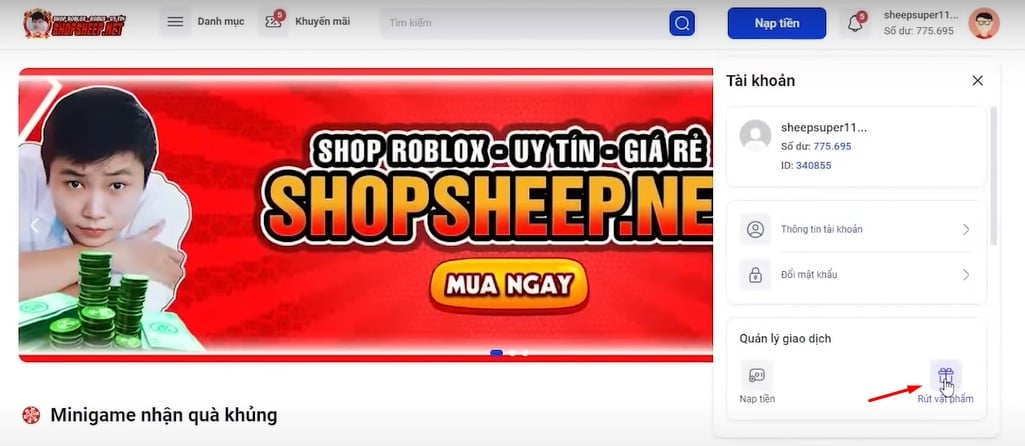 Nhấn vào Rút vật phẩm
