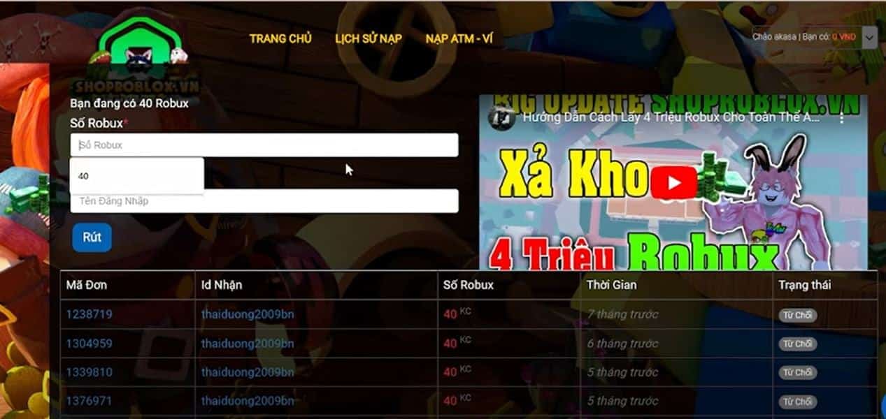Nhập số Robux cần rút và tên đăng nhập