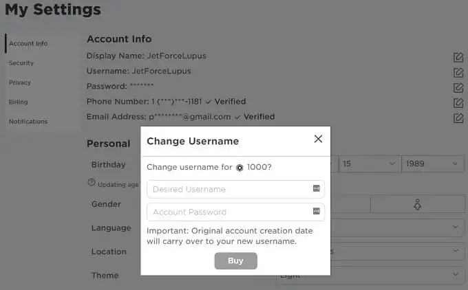 Thay đổi usernam Roblox sẽ mất 1.000 Robux.