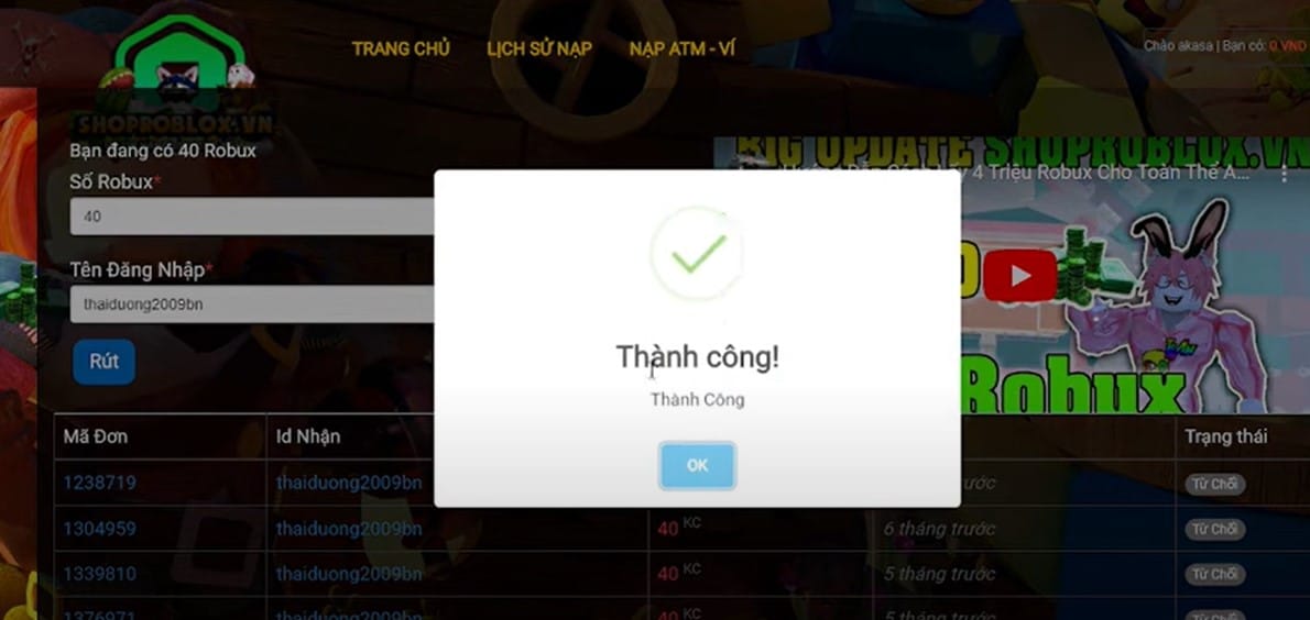 Thông báo rút thành công