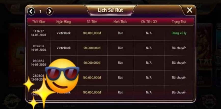 hình lịch sử Rút Tiền Sunwin