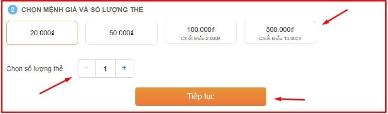 Chọn loại thẻ và mệnh giá mà bạn muốn nạp cho game
