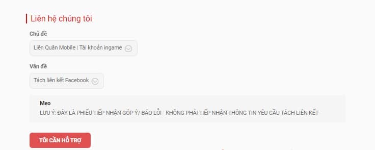 Gửi phản hồi hủy liên kết trên trang chủ Garena