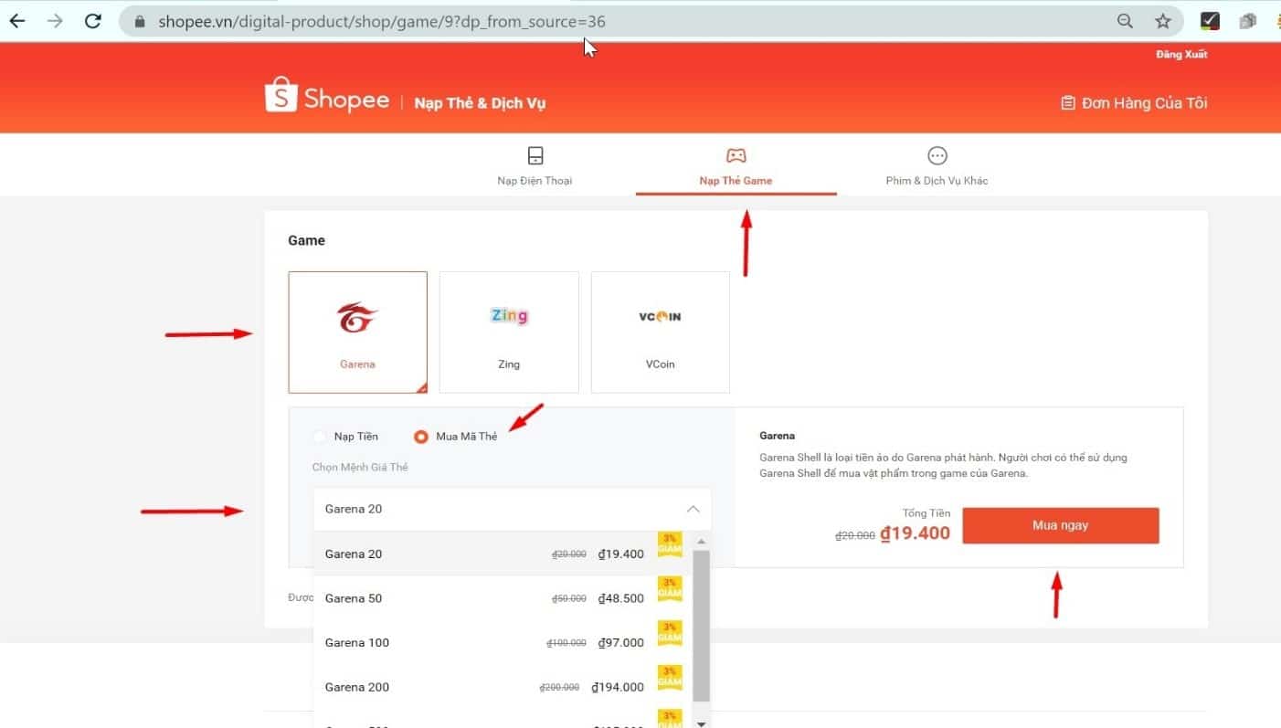 Mua thẻ Garena trên shopee bằng máy tính