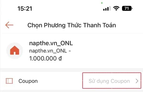 Nhấn chọn vào mục sử dụng Coupon
