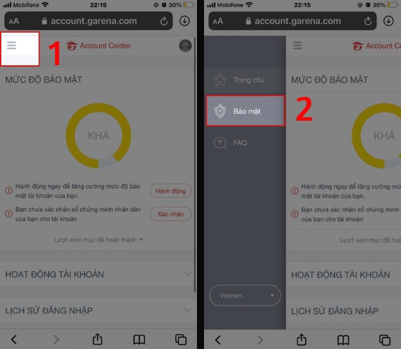 Nhấn vào biểu tượng ba dấu gạch ngang và chọn mục Bảo mật