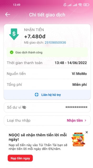 Rút tiền về Momo thành công