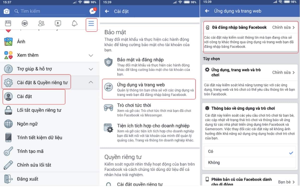 Vào cài đặt rồi chọn mục Ứng dụng và Trang web