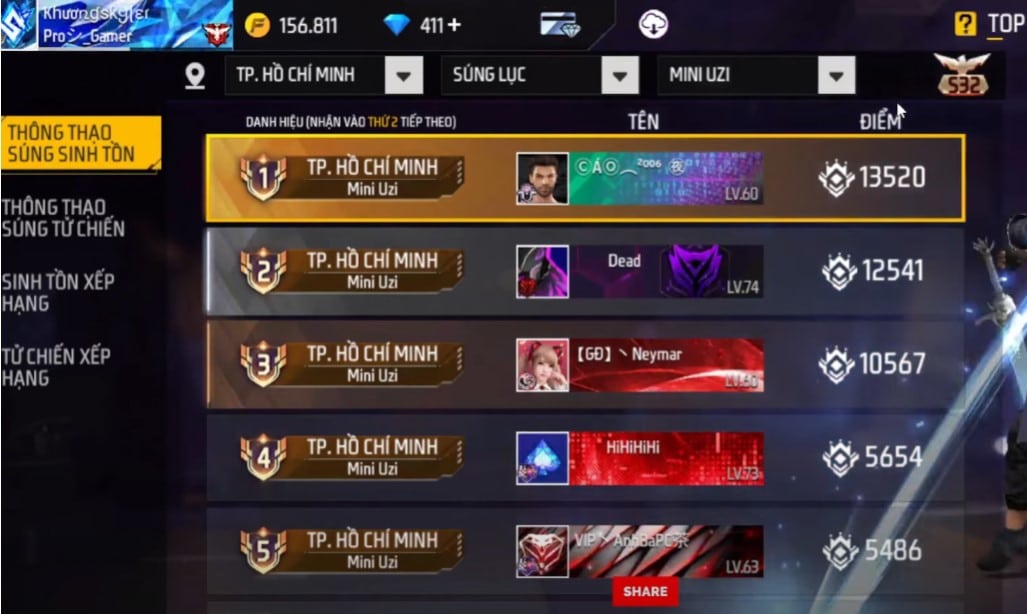 Cách hiển thị top thông thạo súng trong game Free Fire