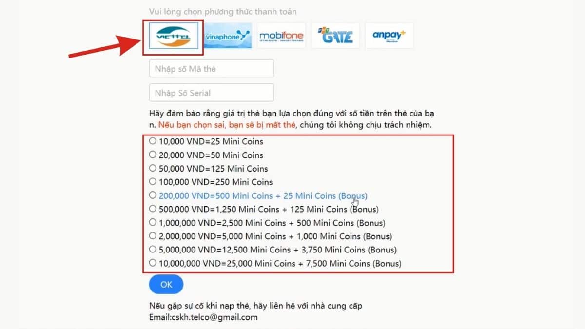 Cách nạp Mini World thẻ cào Viettel đổi xu