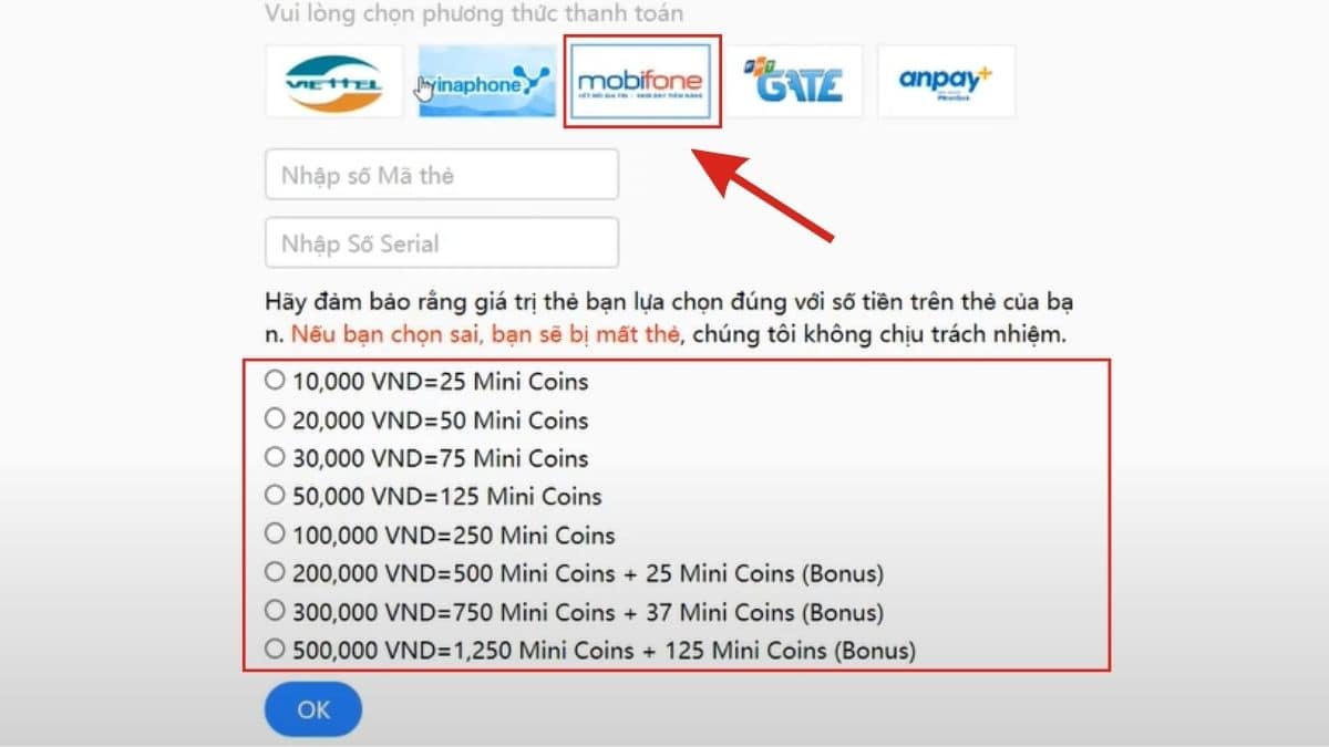 Cách nạp tiền trong Mini World bằng thẻ Mobifone