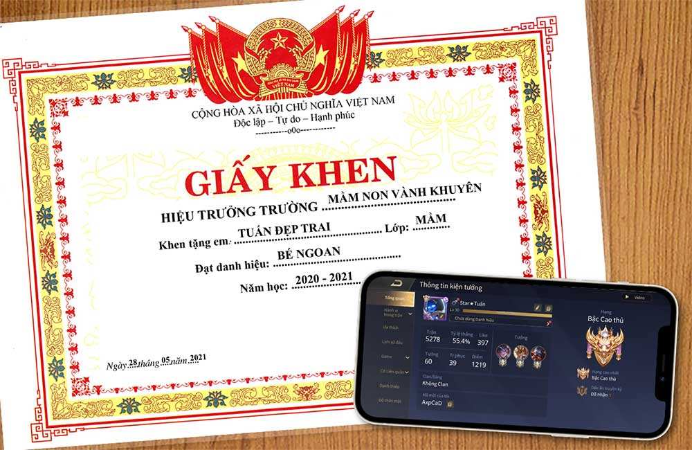 Chế ảnh khoe giấy khen và rank game Liên Quân