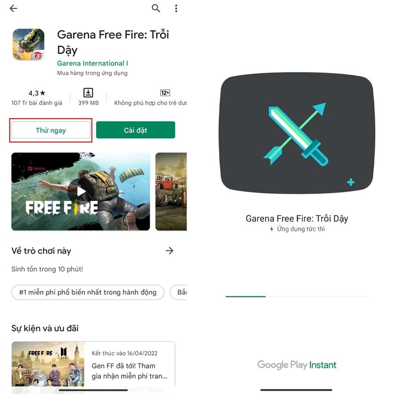 Chọn Free Fire rồi bấm nút Thử Ngay