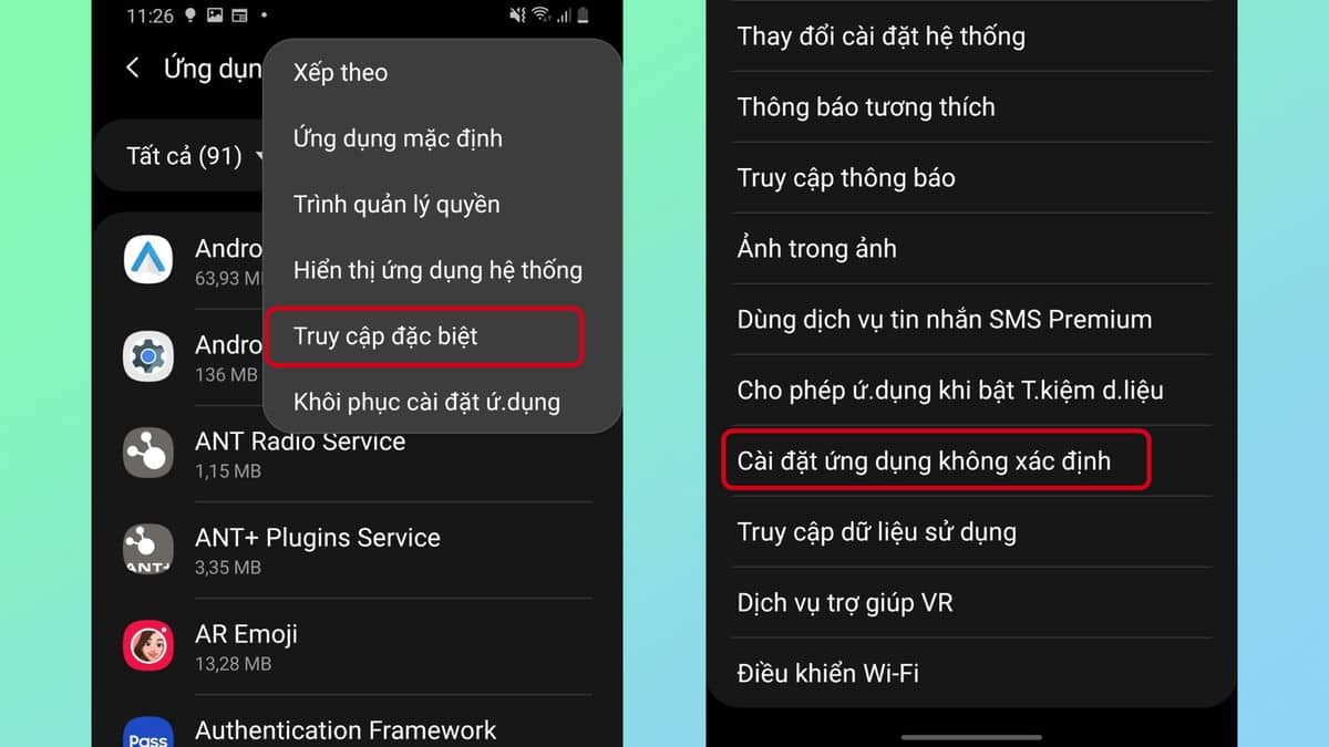 Chọn Truy cập đặc biệt, tiếp đến chọn Cài đặt ứng dụng không xác định