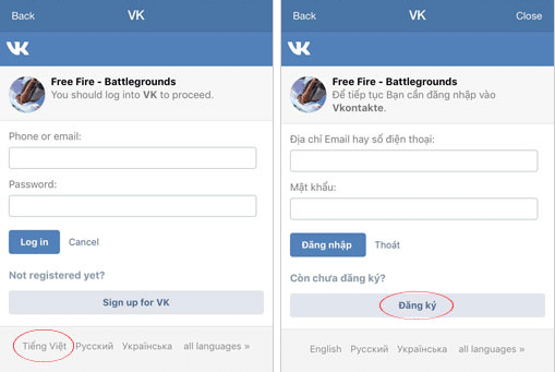 Chọn tiếng Việt, Nhấn đăng ký