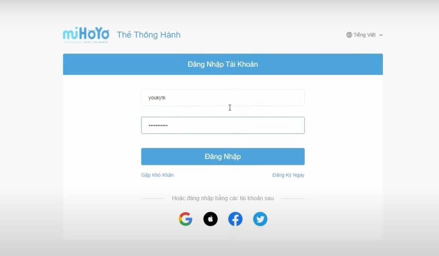Đăng nhập vào tài khoản Mihoyo