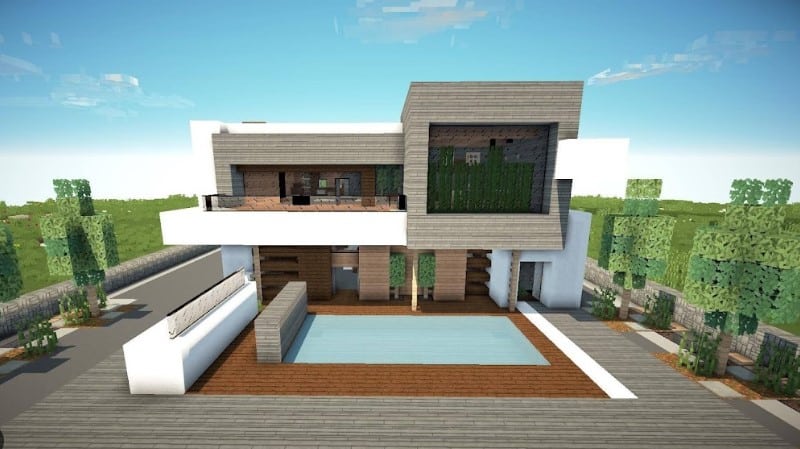 Hình ảnh nhà hiện đại trong Minecraft có bể bơi